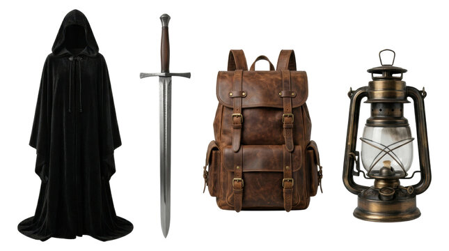 Medieval fantasy adventurer equipment set, isolated on transparent background