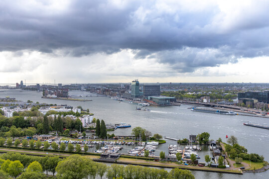 Aerial view on Amsterdam's river IJ