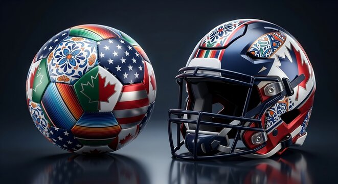International Sporting Event Concept: Soccer Ball and Football Helmet Blending Talavera, Zarape, Stars and Stripes, and Maple Leaf Motifs