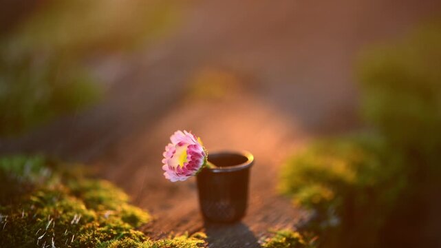 Daisy flower blossoming with pink and white petals sitting inside a thimble on a mossy surface, receiving a gentle sun shower and glowing with warm light
