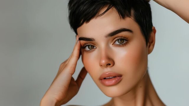 A close-up studio shot of a young woman with flawless skin and a short, dark pixie cut. She gazes directly at the camera, accentuating her natural features. Soft, even lighting highlights her beauty.