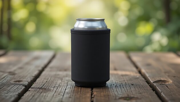 Black beer can cooler sleeve on a rustic wooden table outdoors with a soft natural green forest background. koozie