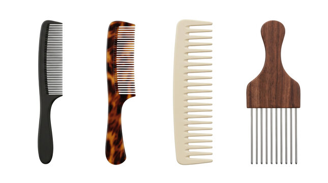 Four different hair combs and styling picks, isolated on transparent background