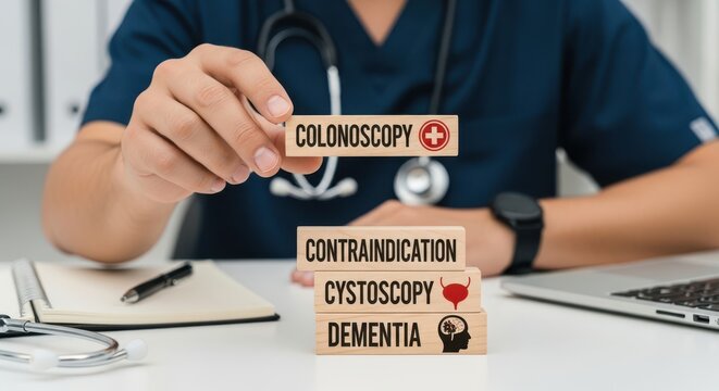 Medical professional discussing colonoscopy contraindication and cystoscopy with dementia