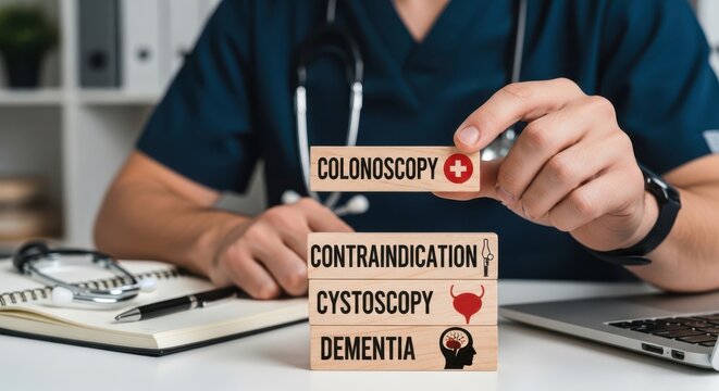 Medical professional discussing colonoscopy contraindication with wooden blocks on desk
