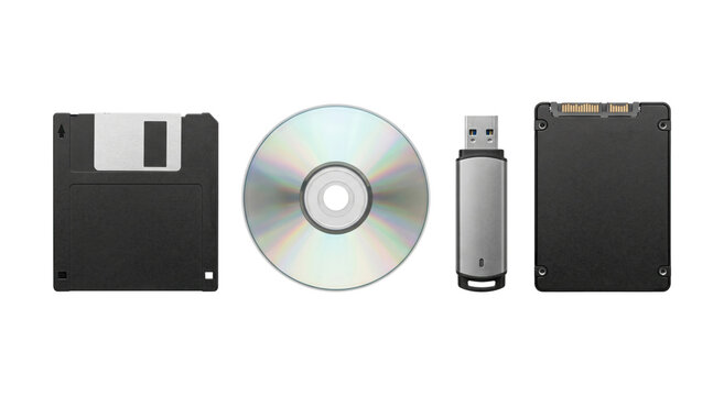 Evolution of computer data storage devices, isolated on transparent background