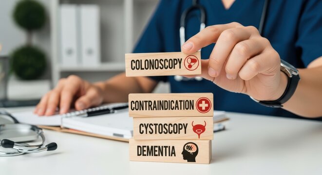 Medical professional discussing colonoscopy contraindication and cystoscopy with dementia