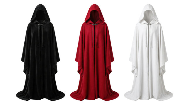Three hooded fantasy cloaks in different colors, isolated on transparent background