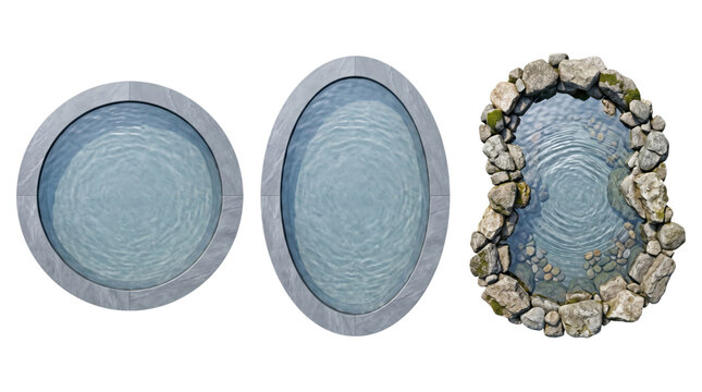 Three swimming pools and garden ponds from top view on transparent background