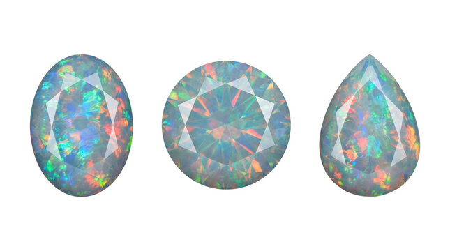 Three precious faceted precious opals, isolated on transparent background