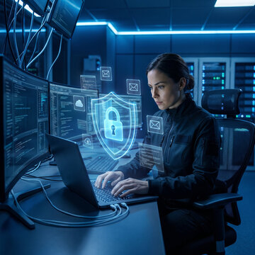 Female security analyst working on laptop with virtual holographic shield and padlock icon in data center, cybersecurity concept