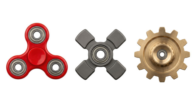 Three unique fidget spinners, isolated on transparent background