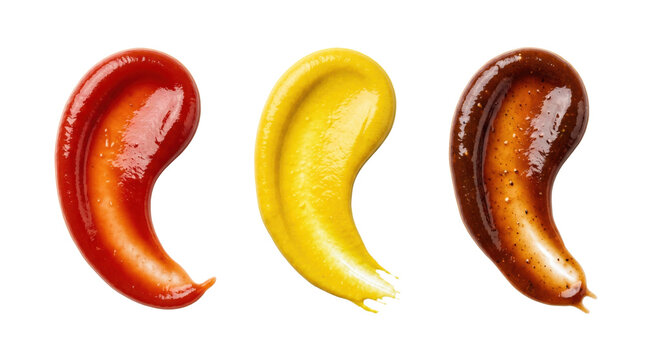 Three classic condiment sauce swirls, isolated on transparent background