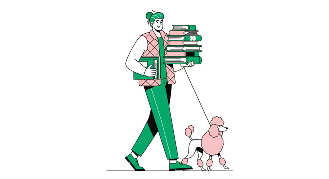 Student walking a poodle while carrying books.
