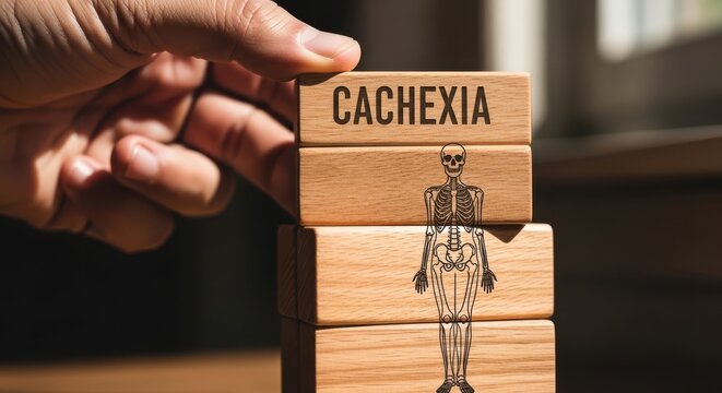 A stack of wooden blocks with a human skeleton and the word cachexia