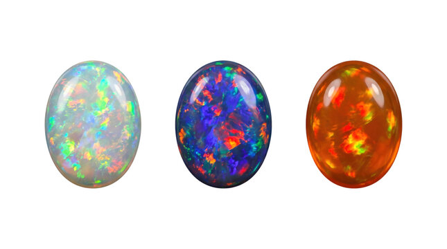 Three precious faceted cabochon opals, isolated on transparent background