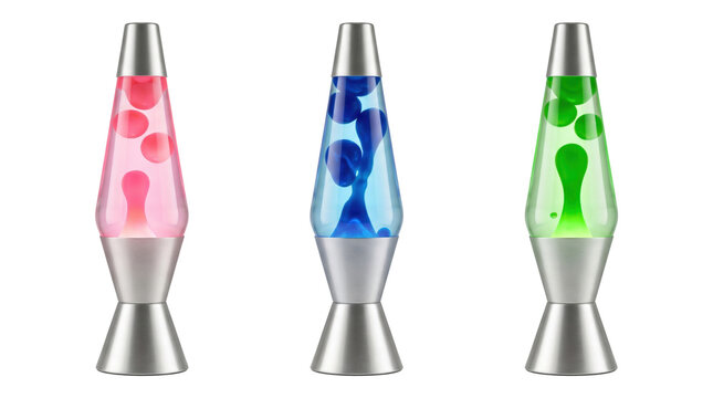 Three retro liquid lava lamps, isolated on transparent background