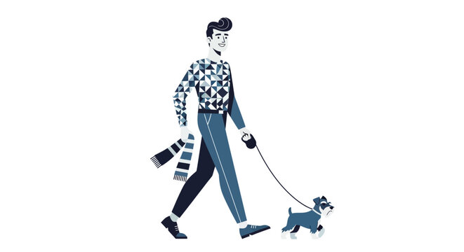 Woman walking small dog on leash in city.
