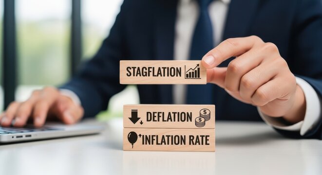 Businessman analyzing economic terms with wooden blocks on a desk