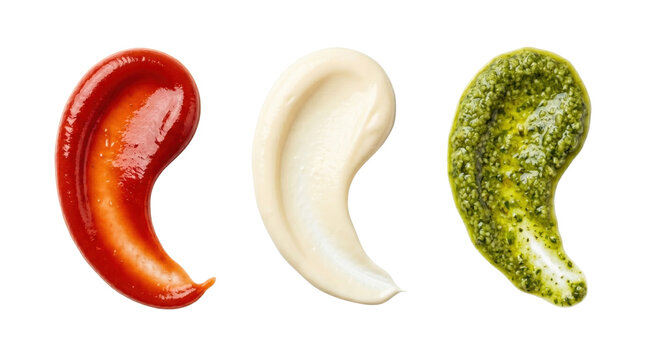 Three gourmet sauce drops including pesto on transparent background