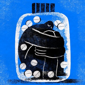 Sad Figure Trapped Inside Pill Bottle &ndash; Mental Health and Dependence C