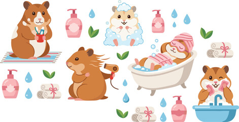 Fototapeta premium Cute hamster flat vector illustration set featuring adorable rodents enjoying spa day bathing in tub blow drying hair brushing teeth washing face and towels elements.
