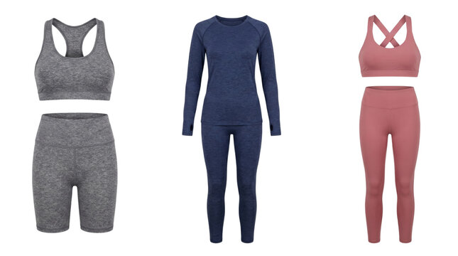 Three different activewear and workout sets, isolated on transparent background