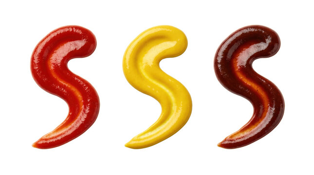 Three classic condiment sauce swirls, isolated on transparent background