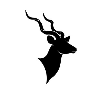 Black silhouette profile of a greater kudu head with twisted horns, antelope