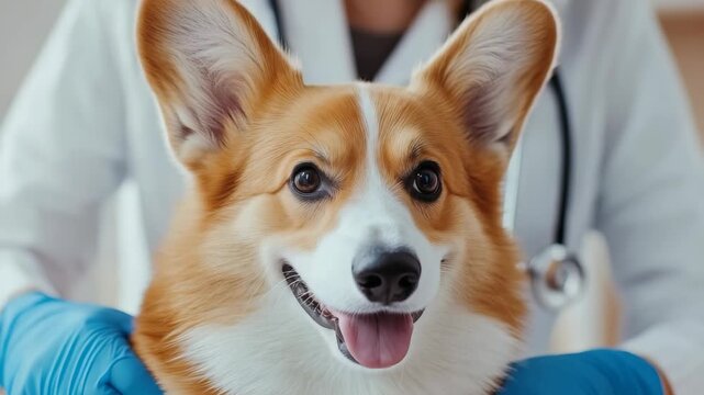 A healthy looking dog smiles at the vet. The vet is holding it so it looks directly into the camera. The vet is wearing blue gloves and a white coat.