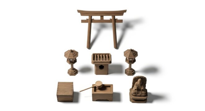 Japanese Shinto Shrine Objects Assortment Torii Gate, Lanterns, Altar, Offering Box