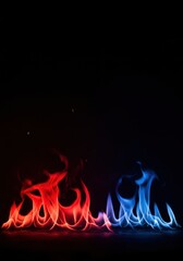 Fototapeta premium Striking contrast between vibrant scarlet and icy sapphire flames dancing intensely across a pure, deep void of darkness, burning, contrast, scarlet