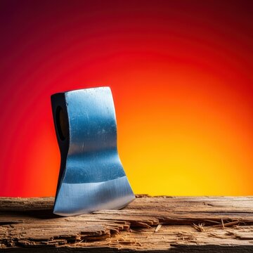 Sharpened steel utility axe head resting on rough timber, displaying the heavy duty metal edge used for splitting logs and chopping wood, strong, grunge, heavy