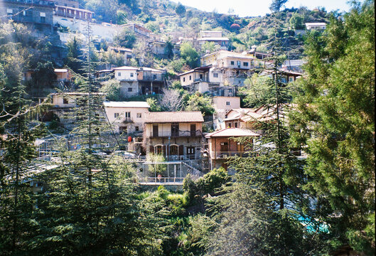 Houses Built on Hills in a Small Village Surrounded by Trees