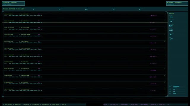 Futuristic packet capture digital interface displaying hexadecimal code and network traffic data in dark cyan tones.
