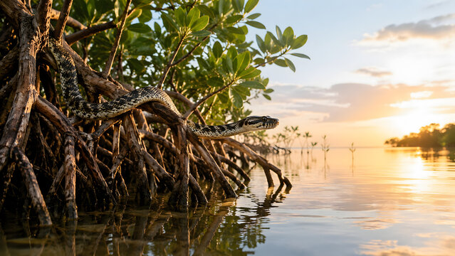 Large patterned snake crawling on tropical mangrove roots at dusk