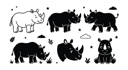 Rhino Illustrations Black And White Vector Graphics With Decorative Elements © nurjahan