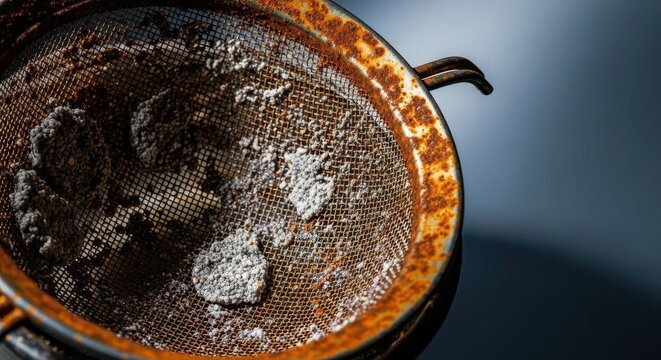 Unappetizing residue clinging to a rusted metal kitchen strainer, implying failure of hygiene and an unpleasant metallic flavor transfer, strainer, cooking, neglect