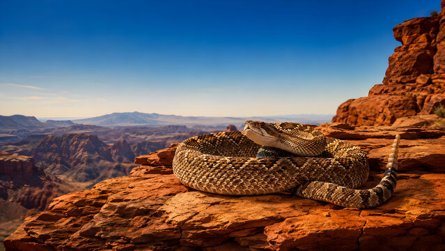 Coiled rattlesnake on a red rock ledge overlooking a desert canyon