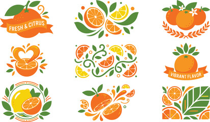Obraz premium Citrus fruit illustration set with orange lemon slices juice splashes and organic branding elements vector collection