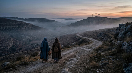 Obraz premium Two women walking through a dusty landscape with crosses in background, depicting the journey of the Myrrhbearers for Easter