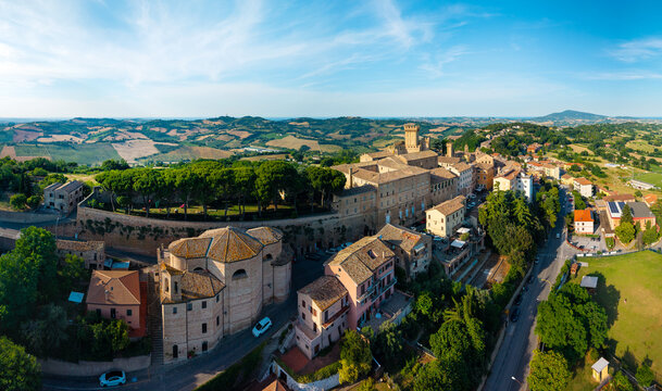 Offagna aerial drone view medieval borgo Marche Italy authentic village hilltop fortress rolling hills scenic landscape historic architecture travel destination