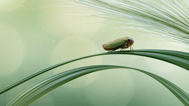 Green leafhopper resting on a plant in sunlight