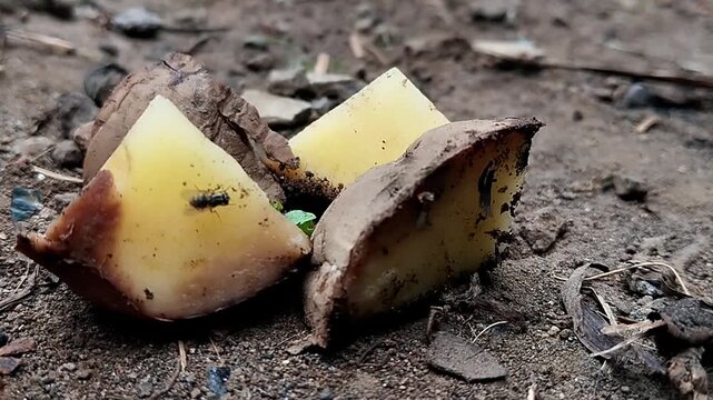 Close up stable shot of unchanging chopped potato pieces with peeling brown skin on the floor.
