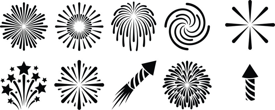  Fireworks Silhouette Set Celebration Burst Rocket and Festival Firework Icons
