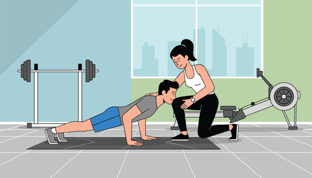 Supportive female personal trainer guides a smiling man doing a push up in a modern gym with exercise equipment.