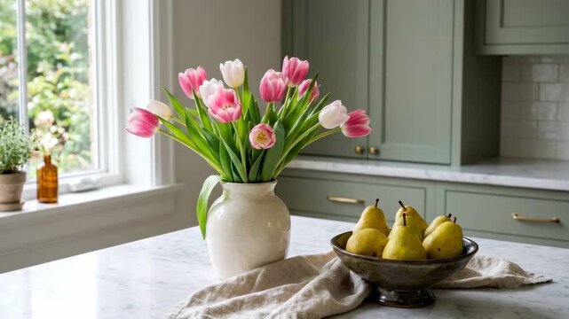 Slow motion pan of tulip bouquet and bowl of pears on marble kitchen island with soft window light and muted green cabinets, calm morning domestic scene