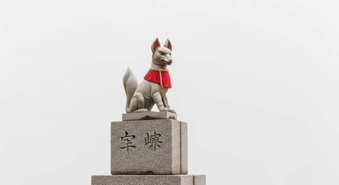 Stone Fox Statue Wearing Red Bib at Japanese Shrine