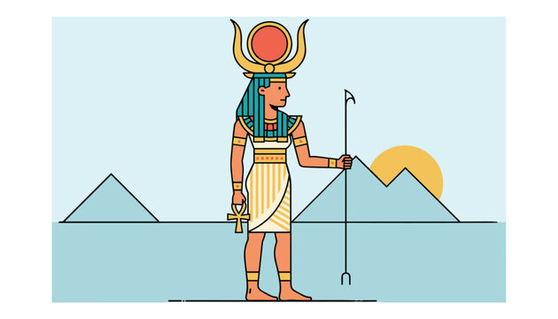 Egyptian goddess Isis holding a sceptre and an ankh symbol with the ancient pyramids and a rising sun in the background.