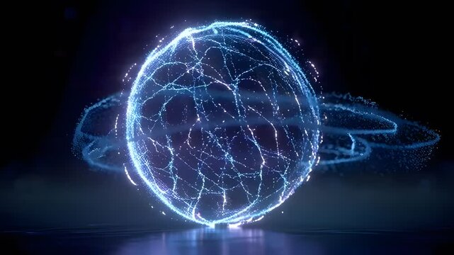 Futuristic blue energy sphere with swirling particles and rings